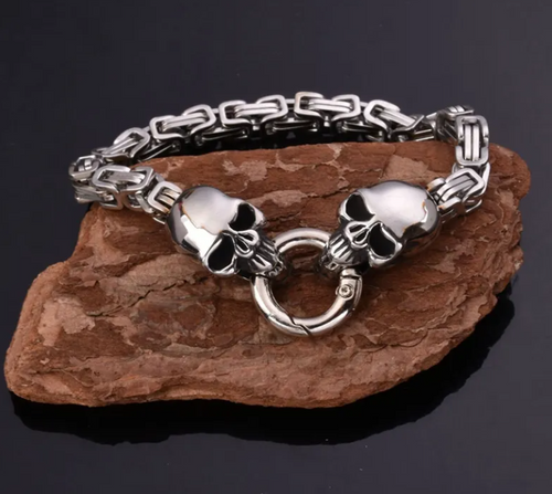 Stainless Steel Unisex Byzantine Dual Skull Biker Bracelet SB224