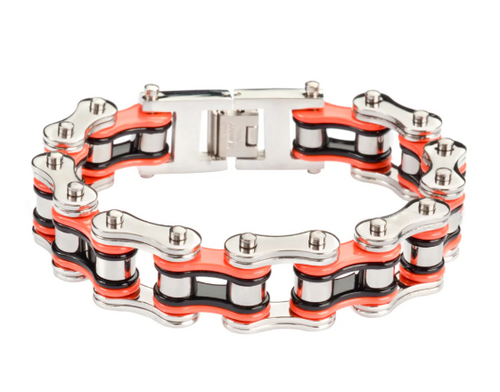 Biker Jewelry Men's Motorcycle Bike Chain Bracelet Stainless Steel Silver/Orange/Black Double Link SB227