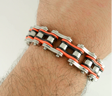 Load image into Gallery viewer, Biker Jewelry Men&#39;s Motorcycle Bike Chain Bracelet Stainless Steel Silver/Orange/Black Double Link SB227