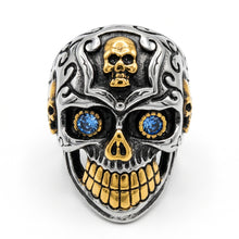 Load image into Gallery viewer, Large Skull Ring, Blue Eyes, Two-Tone Gold &amp; Silver Biker Motorcycle Ring SR232