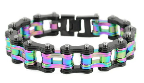 Jewelry Men's Motorcycle Bike Chain Biker Bracelet Stainless Steel Black & Iridescent Double Link SB235