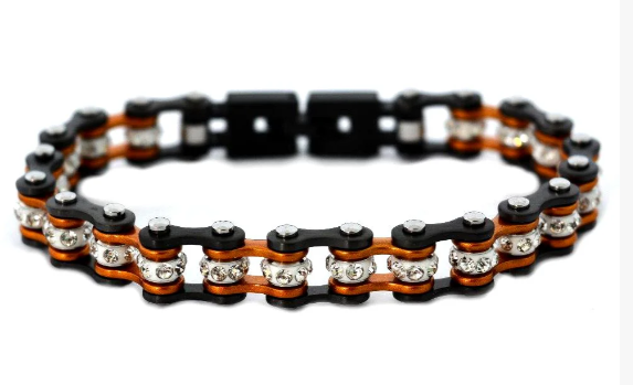 Women's Gunmetal & Beryllium Orange Crystal Stainless Steel Motorcycle Bike Chain Tennis Bracelet SB184