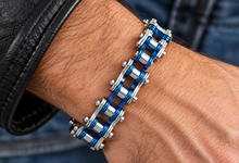 Load image into Gallery viewer, 16mm Silver &amp; Candy Blue Bike Chain Bracelet Double Link Stainless Steel SB242
