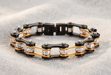 Load image into Gallery viewer, 10mm Black &amp; Gold Bike Chain Bling Bracelet Stainless Steel SB27