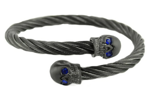 Heavy Metal Jewelry Unisex Gunmetal Cable Skull Biker Bracelet Stainless-Steel Blue or Red Eyes