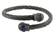 Heavy Metal Jewelry Unisex Gunmetal Cable Skull Biker Bracelet Stainless-Steel Blue or Red Eyes<br> SB31