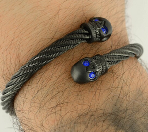 Heavy Metal Jewelry Unisex Gunmetal Cable Skull Biker Bracelet Stainless-Steel Blue or Red Eyes