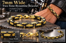 Load image into Gallery viewer, 7mm Byzantine Link TT Bracelet Black &amp; Gold Men's Stainless Steel SB36