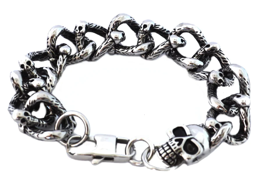 Skull Jewelry Men's Skull Chain Cuban Link Biker Bracelet Stainless Steel