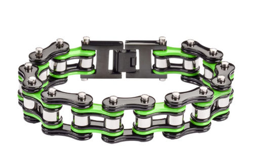 Biker Jewelry Men's Motorcycle Bike Chain Biker Bracelet Stainless Steel Black & Electric Green Double Link SB46