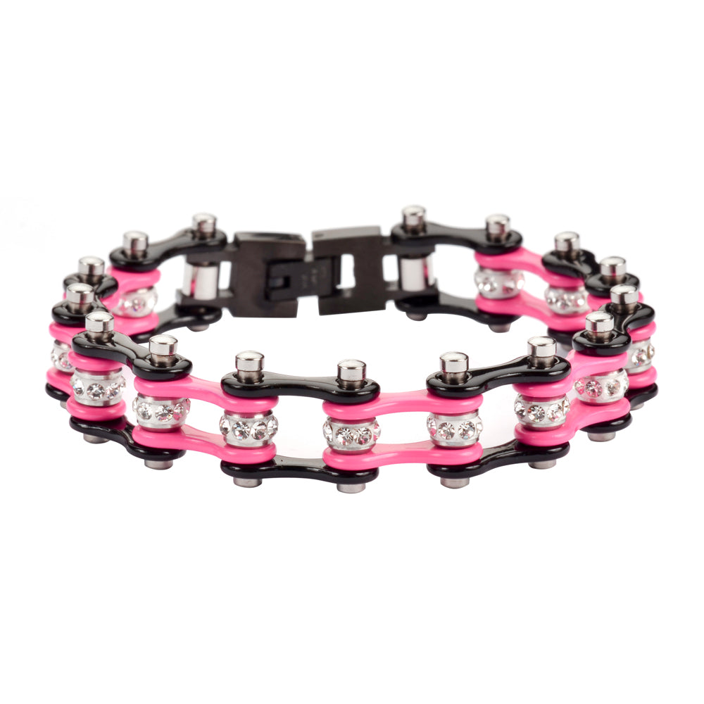 Biker Jewelry Women's Motorcycle Bike Chain Stainless Steel Bracelet Black and Pink SB50