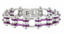 Load image into Gallery viewer, Biker Jewelry Ladies Motorcycle Bike Chain Stainless Steel Bracelet Silver &amp; Candy Purple SB54