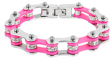 Load image into Gallery viewer, Ladies 10mm Silver &amp; Pink Bling Bike Chain Bracelet Stainless Steel SB56