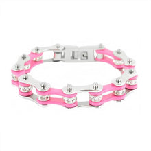 Load image into Gallery viewer, Biker Jewelry Women&#39;s Motorcycle Bike Chain Stainless Steel Bracelet Silver &amp; Pink SB56