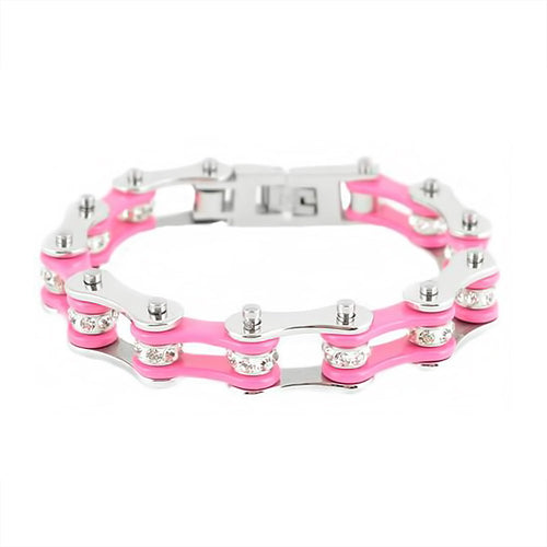 Biker Jewelry Women's Motorcycle Bike Chain Stainless Steel Bracelet Silver & Pink SB56