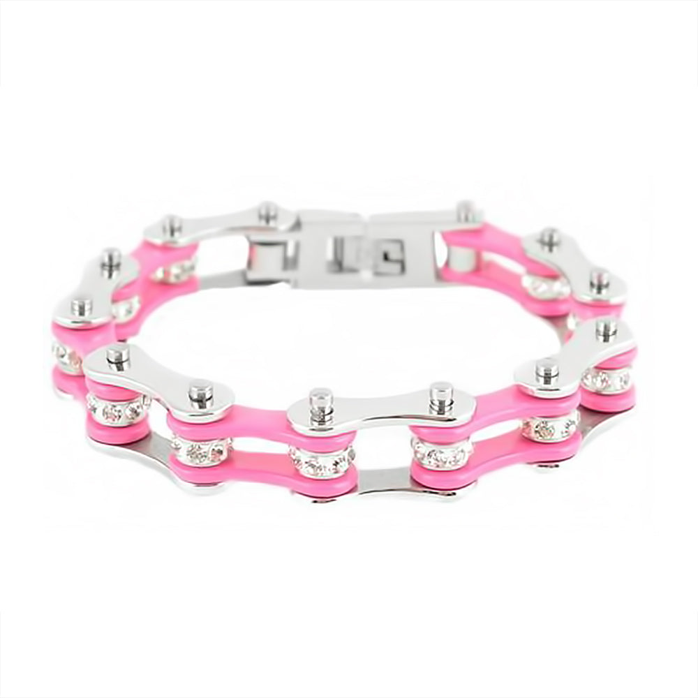 Biker Jewelry Women's Motorcycle Bike Chain Stainless Steel Bracelet Silver & Pink SB56