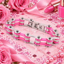 Load image into Gallery viewer, Ladies 10mm Silver &amp; Pink Bling Bike Chain Bracelet Stainless Steel SB56