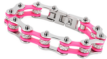 Load image into Gallery viewer, Ladies 10mm Silver &amp; Pink Bling Bike Chain Bracelet Stainless Steel SB56