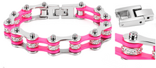 Load image into Gallery viewer, Ladies 10mm Silver &amp; Pink Bling Bike Chain Bracelet Stainless Steel SB56