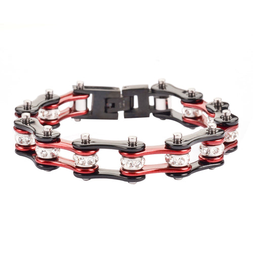 Biker Jewelry Ladies Motorcycle Bike Chain Stainless Steel Bracelet Black & Candy Red SB60