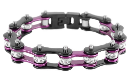Biker Jewelry Ladies Motorcycle Bike Chain Stainless Steel Bracelet Black & Purple