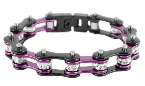 Biker Jewelry Ladies Motorcycle Bike Chain Stainless Steel Bracelet Black & Purple SB62