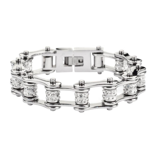 Biker Jewelry Ladies Motorcycle Bike Chain Stainless Steel Bracelet Double Row of Crystals SB63