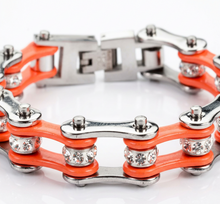 Load image into Gallery viewer, Ladies 10mm Silver &amp; Orange Bling Bike Chain Bracelet Stainless Steel SB64