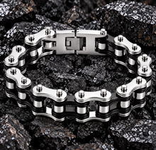 Load image into Gallery viewer, 16mm Silver &amp; Black Bike Chain Bracelet Double Link Men's Stainless Steel SB65