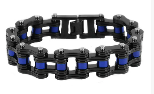 Biker Jewelry Men's Motorcycle Bike Chain Biker Bracelet Stainless Steel Black Double Link SB66 Electric Blue Rollers