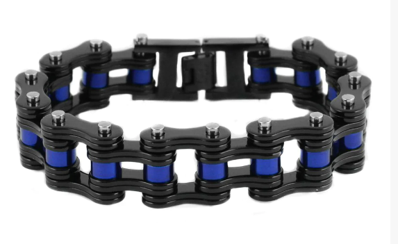 Biker Jewelry Men's Motorcycle Bike Chain Biker Bracelet Stainless Steel Black Double Link Electric Blue Rollers