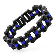 Load image into Gallery viewer, 16mm Black with Blue Rollers Bike Chain Bracelet Double Link Men's Police Stainless Steel SB66
