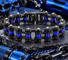 Load image into Gallery viewer, 16mm Black with Blue Rollers Bike Chain Bracelet Double Link Men's Police Stainless Steel SB66