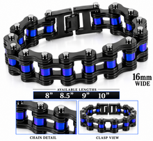 Load image into Gallery viewer, 16mm Black with Blue Rollers Bike Chain Bracelet Double Link Men's Police Stainless Steel SB66