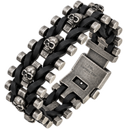 25mm Skulls on Leather Distressed Bracelet Men's Biker Stainless Steel SB68