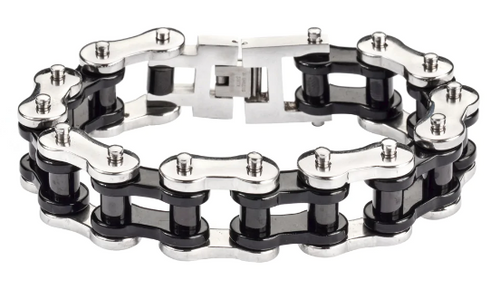 Biker Jewelry Men's Motorcycle Bike Chain Bracelet Silver & Black Stainless Steel SB70