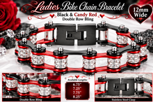 Load image into Gallery viewer, Ladies 12mm Black &amp; Candy Red Double Bling Bike Chain Bracelet Stainless Steel SB72