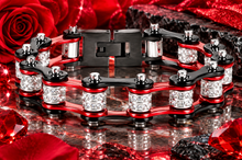 Load image into Gallery viewer, Ladies 12mm Black &amp; Candy Red Double Bling Bike Chain Bracelet Stainless Steel SB72