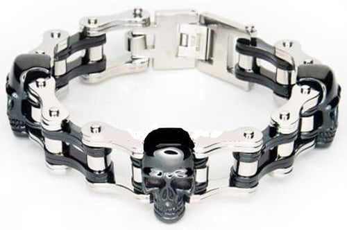 Skull Jewelry Men's Motorcycle Bike Chain Bracelet Stainless Steel Silver & Black Skulls SB73