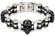 16mm Silver & Black, Black Skulls Bike Chain Bracelet Double Link Men's Stainless Steel SB73