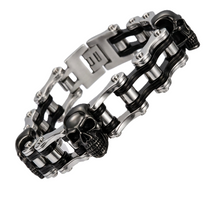 Load image into Gallery viewer, 16mm Silver &amp; Black, Black Skulls Bike Chain Bracelet Double Link Men's Stainless Steel SB73