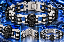Load image into Gallery viewer, 16mm Silver &amp; Black, Black Skulls Bike Chain Bracelet Double Link Men's Stainless Steel SB73