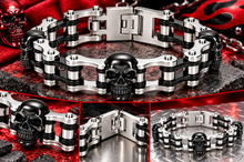 Load image into Gallery viewer, 16mm Silver &amp; Black, Black Skulls Bike Chain Bracelet Double Link Men's Stainless Steel SB73