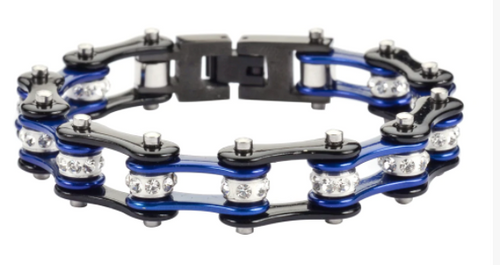 Biker Jewelry Ladies Motorcycle Bike Chain Stainless Steel Bracelet Black & Blue SB74