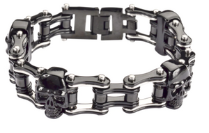 Skull Jewelry Men's Motorcycle Bike Chain Bracelet Stainless Steel Black & Silver Black Skulls SB75