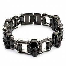 Load image into Gallery viewer, 16mm Black &amp; Silver, Black Skulls Bike Chain Bracelet Double Link Men's Stainless Steel SB75