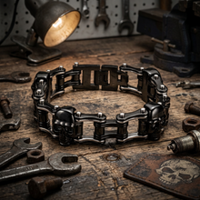 Load image into Gallery viewer, 16mm Black &amp; Silver, Black Skulls Bike Chain Bracelet Double Link Men's Stainless Steel SB75