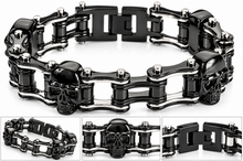 Load image into Gallery viewer, 16mm Black &amp; Silver, Black Skulls Bike Chain Bracelet Double Link Men's Stainless Steel SB75