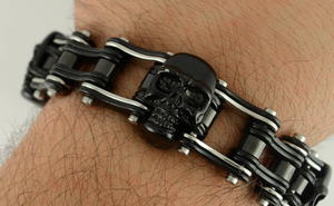 Skull Jewelry Men's Motorcycle Bike Chain Bracelet Stainless Steel Black & Silver Black Skulls SB75