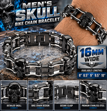 Load image into Gallery viewer, 16mm Black &amp; Silver, Black Skulls Bike Chain Bracelet Double Link Men's Stainless Steel SB75